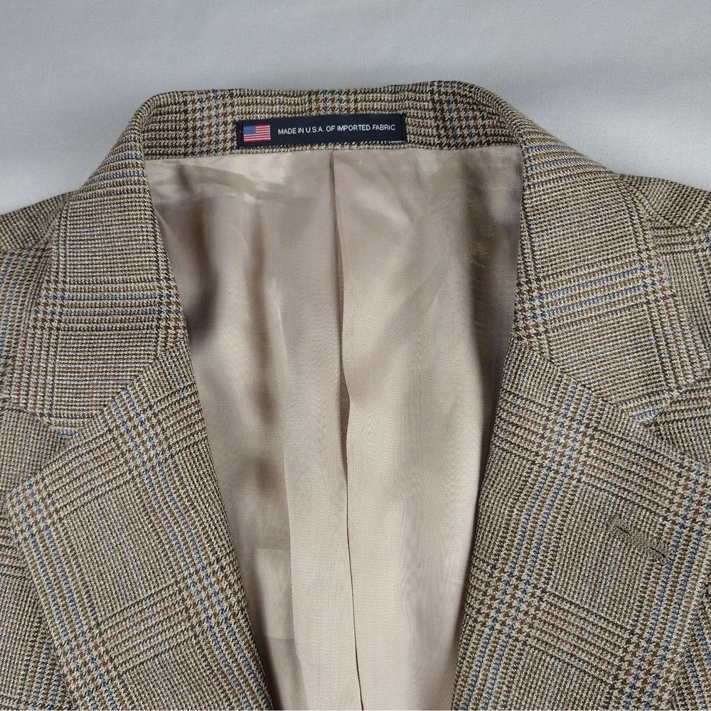 Hart Schaffner Marx 50L Sport Coat Blazer Glen Plaid Check USA Made Tan Brown
